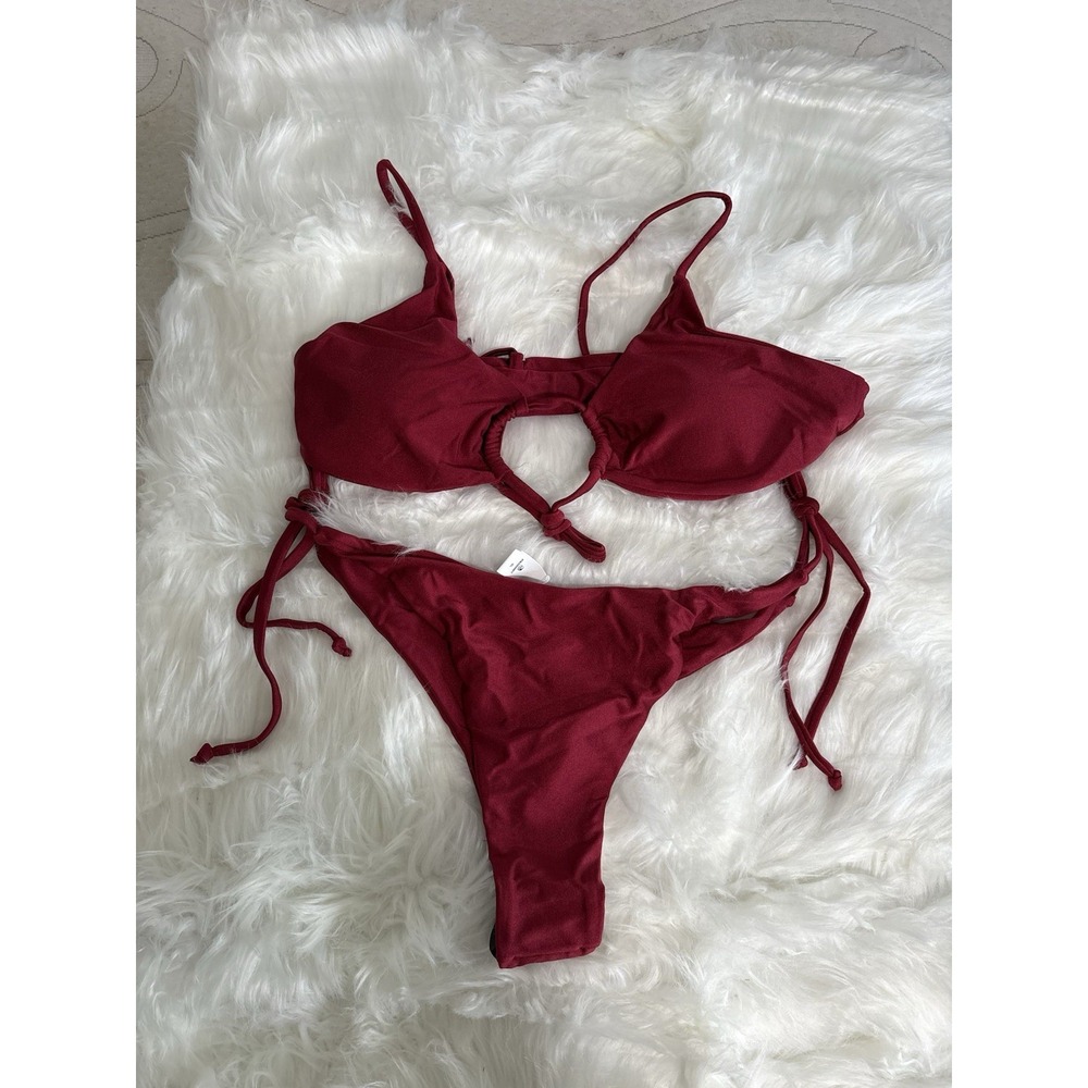 Peddney Women's Burgundy Red 2 Piece Swim Suit Bikini XL Tie Side New